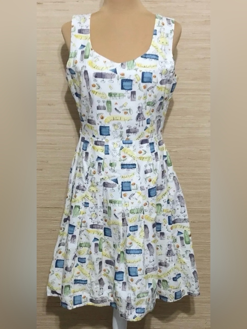 White “Cocktail Time” Printed Playful Sleeveless Fit-and-Flare Lined Dress